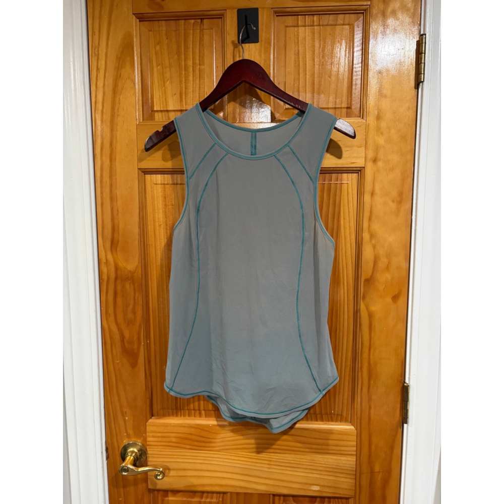 Lululemon Gray Teal Stitch Racerback Tank Open Back Mesh Panel Yoga Top